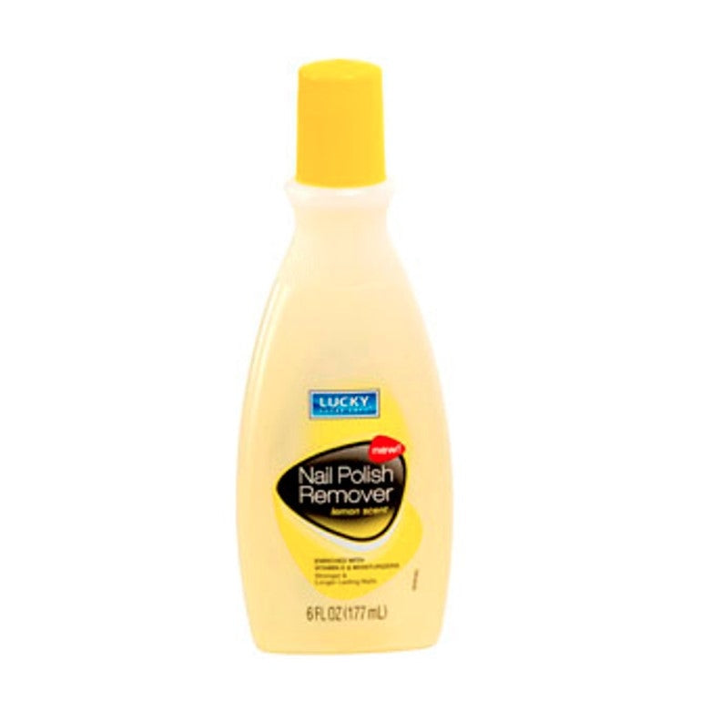Bottle of "Lucky" brand lemon scented nail polish remover.